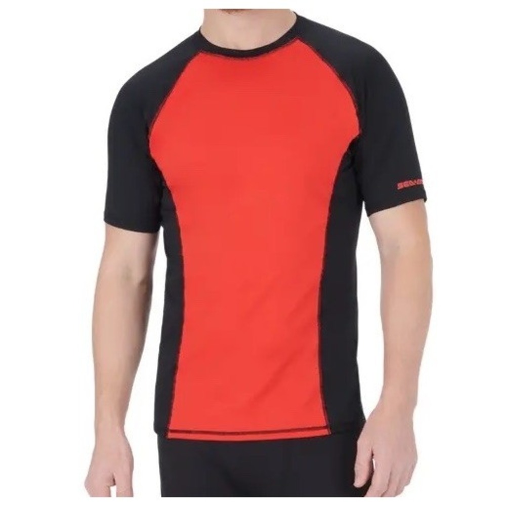 NWT Men's Sea-Doo Short Sleeve Performance Rash Guard Shirt Lava Red Black Small